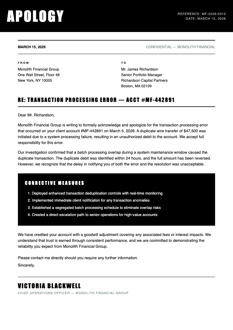 Monochrome stark apology letter